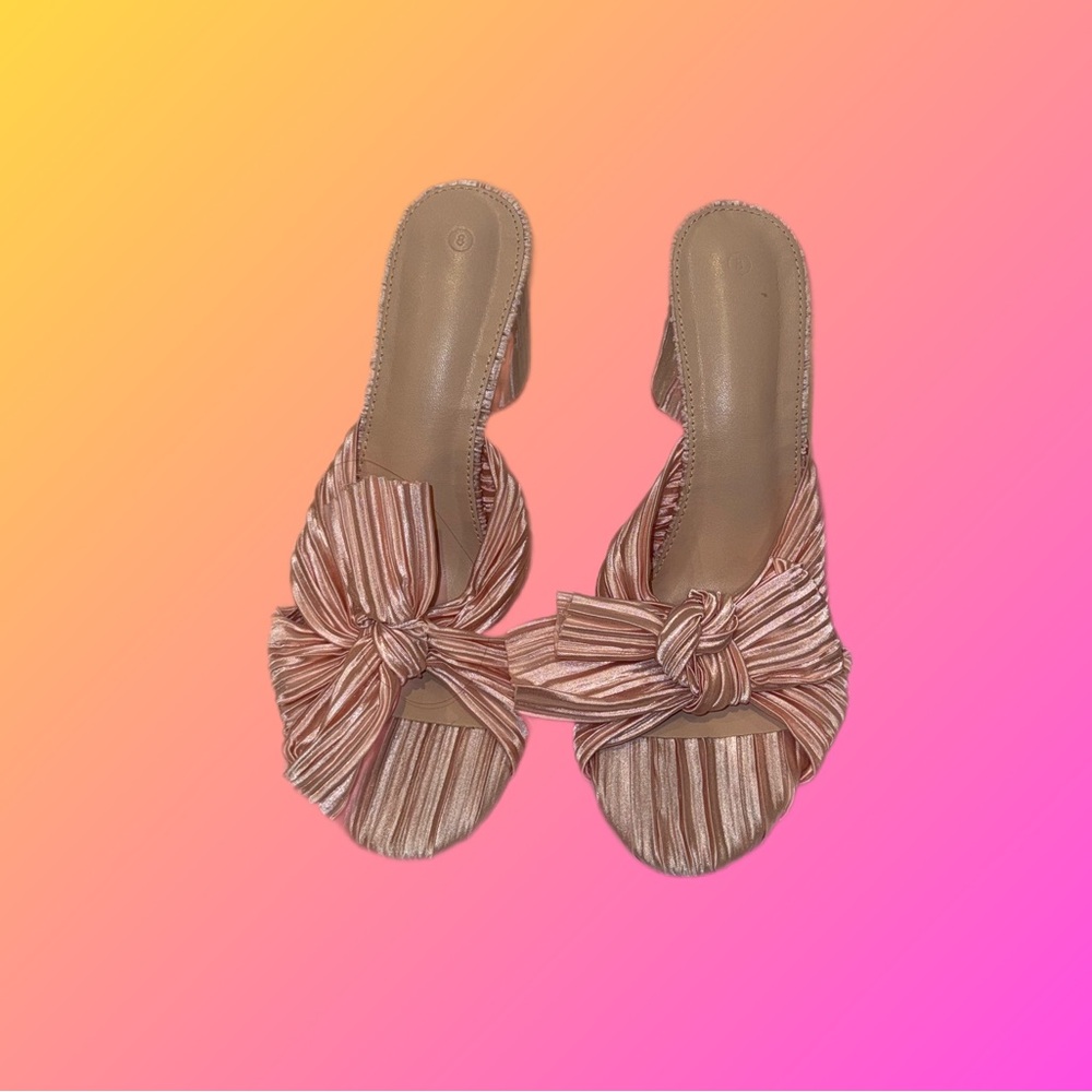 Women’s Pleated Bow Knot Heeled Sandals, open toe chunk heel slides